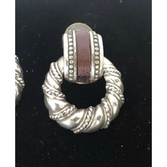 Vintage‎ Sterling Silver Burgundy Inlay Twisted Rope Hoop Earrings - Picture 2 of 4